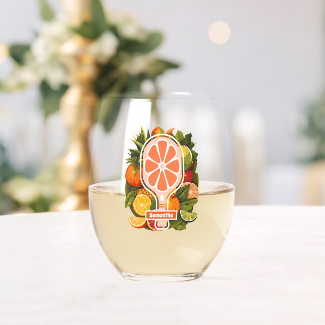 Retro Tropical Citrus Pickleball Bridal Shower Stemless Wine Glass (Insitu (Wedding))