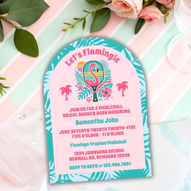 Retro Tropical Flamingo Pickleball Bridal Shower Invitation (Bridal Shower Invitation)