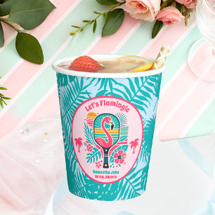 Retro Tropical Flamingo Pickleball Bridal Shower Paper Cups