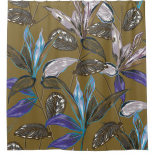 Retro Tropical forest botanical Motifs scattered r Shower Curtain