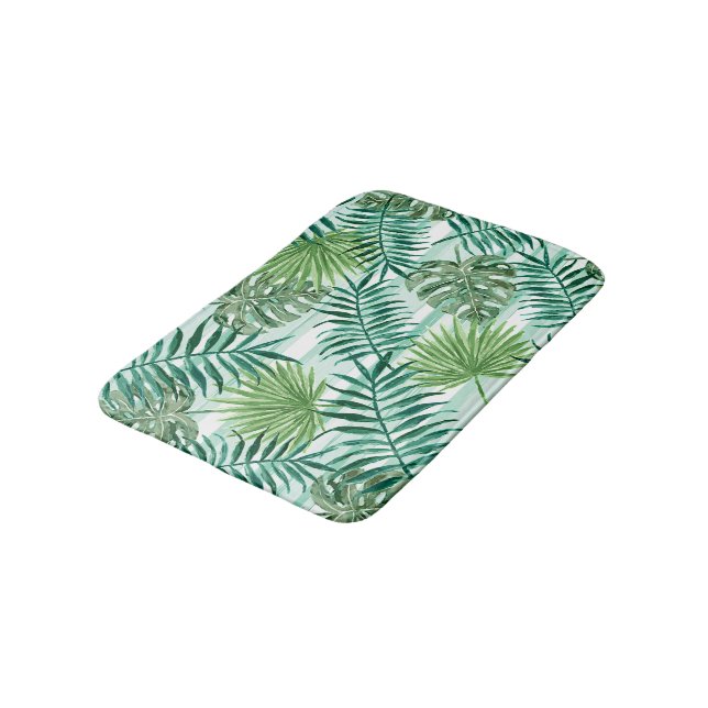 Retro Tropical Green Palm Leaves Pattern Bath Mat (Angled)