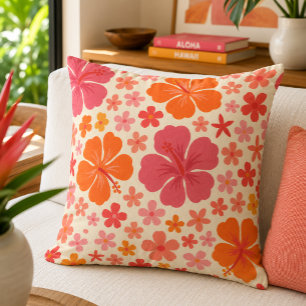 Retro Tropical Hibiscus Floral Cushion