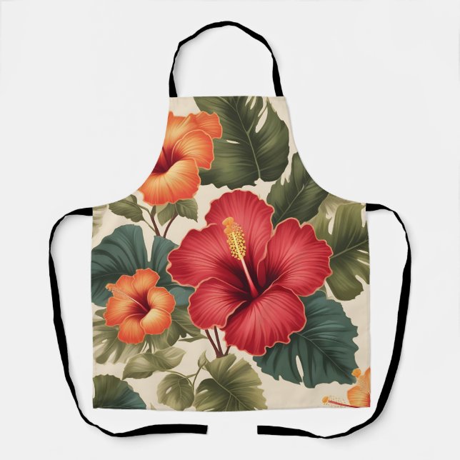 Retro Tropical Hibiscus Flowers Apron (Front)