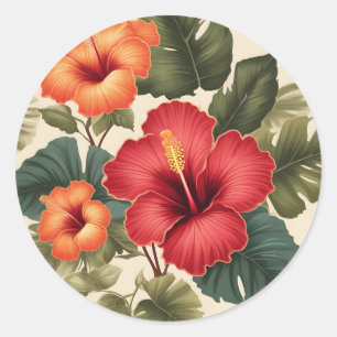 Retro Tropical Hibiscus Flowers Classic Round Sticker