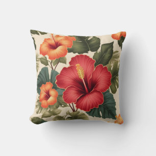 Retro Tropical Hibiscus Flowers Cushion