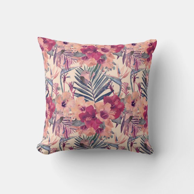 Retro Tropical Hibiscus Wren Pattern Cushion (Front)