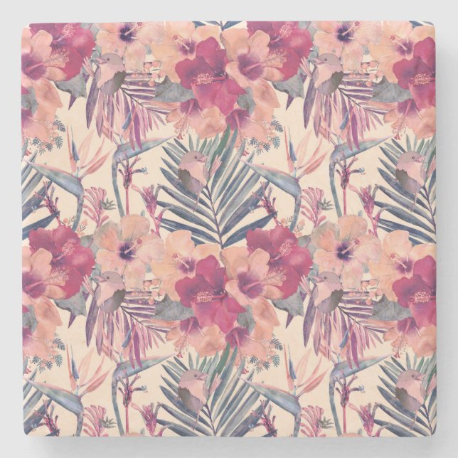 Retro Tropical Hibiscus Wren Pattern Stone Coaster (Front)
