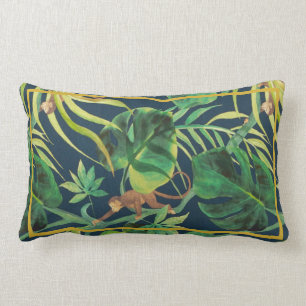 Retro tropical jungle leaves with money lumbar cushion