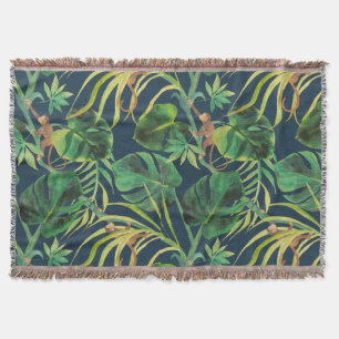 Retro tropical jungle leaves with money throw blanket