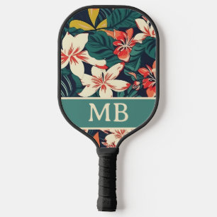 Retro Tropical Leaves Flowers Monogram Initials Pickleball Paddle