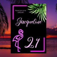 Retro tropical neon pink flamingo 21st birthday