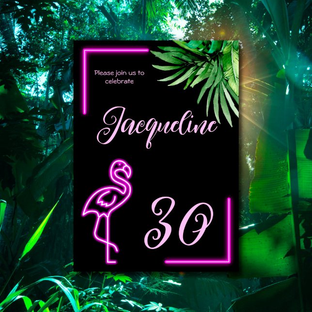 Retro tropical neon pink flamingo 30th birthday invitation (Creator Uploaded)