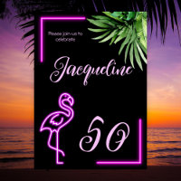 Retro tropical neon pink flamingo 50th birthday