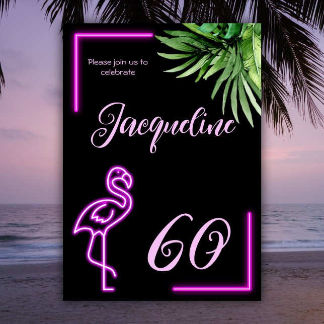 Retro tropical neon pink flamingo 60th birthday invitation (Creator Uploaded)