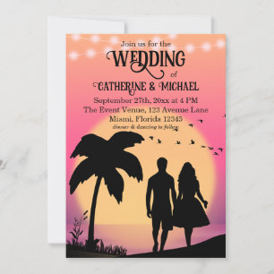 Retro Tropical Ocean Beach Sunset Summer Wedding Invitation