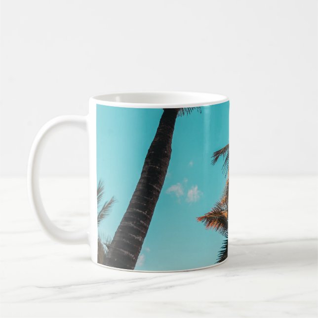 RETRO TROPICAL PALM TREE BY THE BEACH COFFEE MUG (Left)