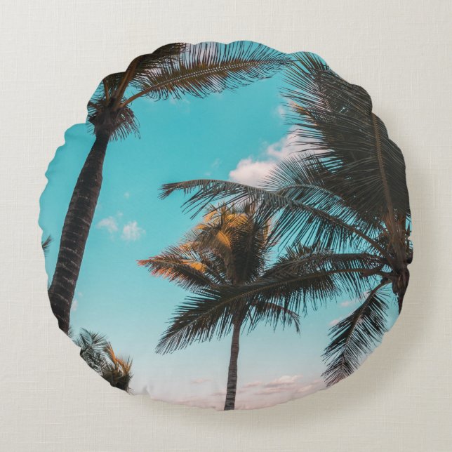 RETRO TROPICAL PALM TREE BY THE BEACH ROUND CUSHION (Front)
