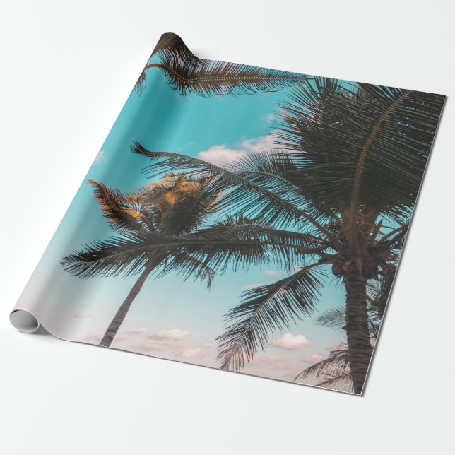 RETRO TROPICAL PALM TREE BY THE BEACH WRAPPING PAPER (Unrolled)