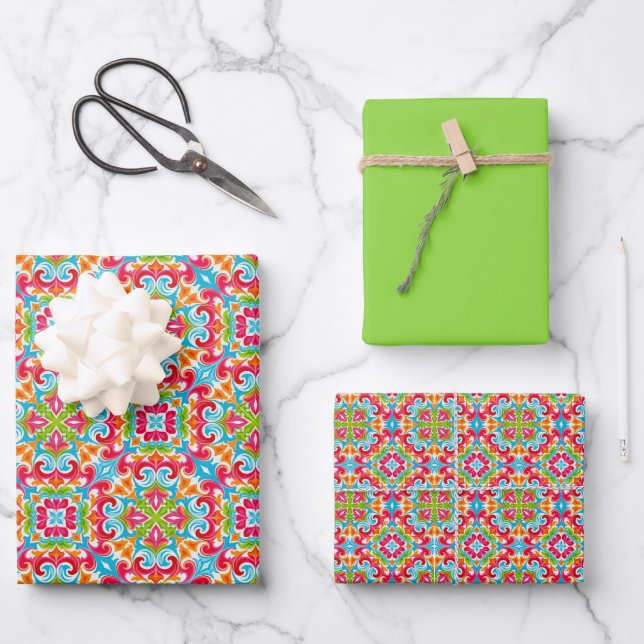 Retro Tropical Pattern in Fuchsia, Aqua, Lime... Wrapping Paper Sheet (Front)