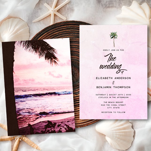 Retro Tropical Pink Palm Tree Beach Sunset Wedding Invitation (Creator Uploaded)