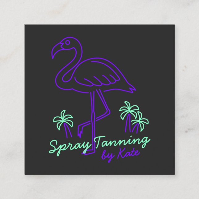 Retro tropical purple flamingo palm trees lineart square business card (Front)