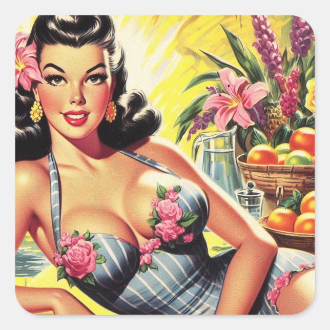 Retro Tropical Summer Pin up Square Sticker (Front)