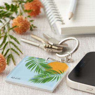 Retro Tropical Sun Palm Leaves Blue Minimal Name Key Ring