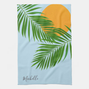 Retro Tropical Sun Palm Leaves Blue Minimal Name Tea Towel