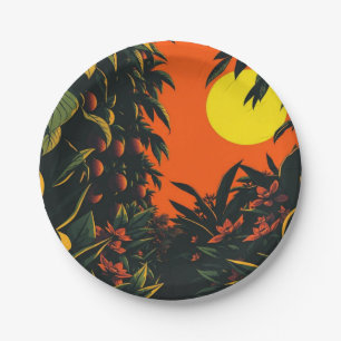 Retro Tropical Sunset Garden Botanical Art Paper Plate