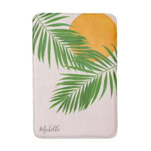 Retro Tropical Sunset Palm Leaves Minimalist Name Bath Mat