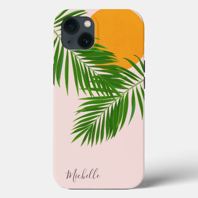 Retro Tropical Sunset Palm Leaves Minimalist Name Case-Mate iPhone Case (Back)