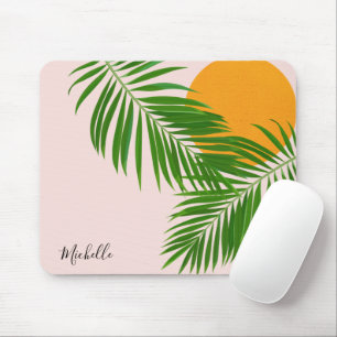Retro Tropical Sunset Palm Leaves Minimalist Name Mouse Pad