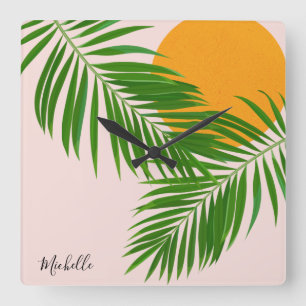 Retro Tropical Sunset Palm Leaves Minimalist Name Square Wall Clock