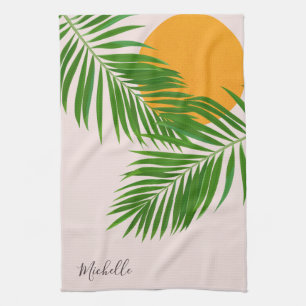 Retro Tropical Sunset Palm Leaves Minimalist Name Tea Towel