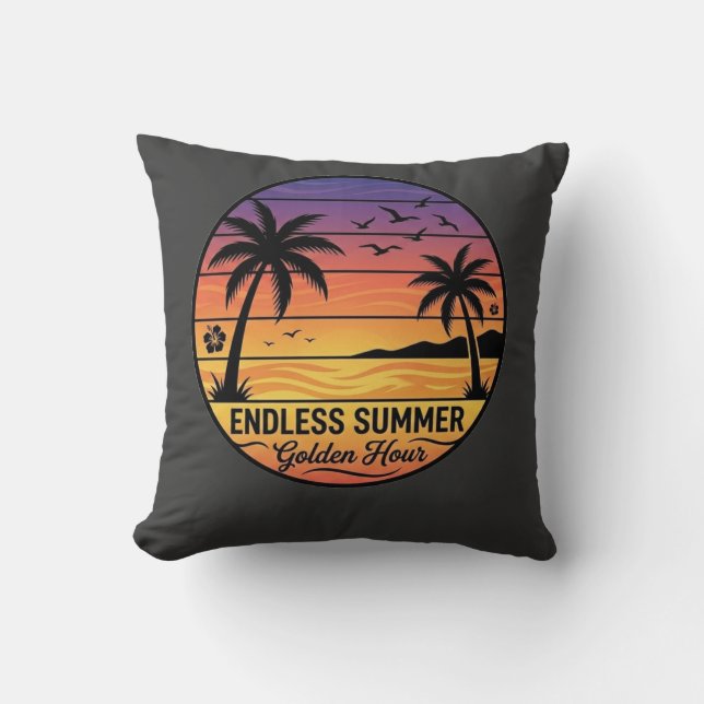 Retro Tropical Sunset Palm Trees Beach Throw Pillo Cushion (Front)