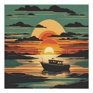 Retro Tropical Sunset with Boat and Black Clouds Poster