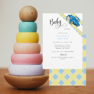 Retro Truck Yellow Blue Gingham Boy Baby Shower Invitation