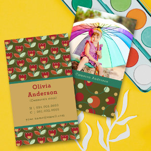 Retro Tulip Blooms And Dots Pattern Photo Mummy Calling Card