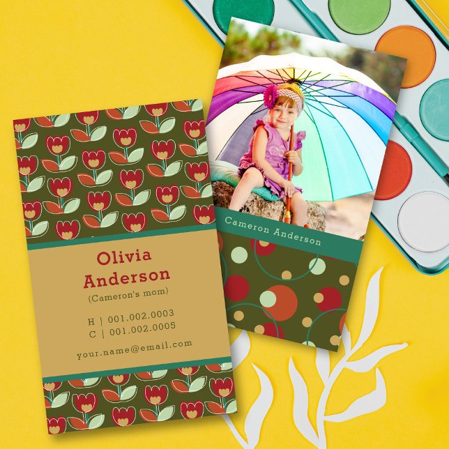 Retro Tulip Blooms And Dots Pattern Photo Mummy Calling Card (Creator Uploaded)