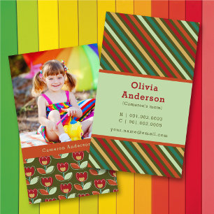 Retro Tulip Blooms And Stripes Pattern Photo Mummy Calling Card