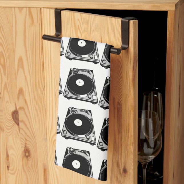 Retro Turntable Graphic in Black Tea Towel (Thirds Fold)