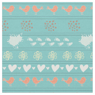 Retro turqouise and colourful pattern of birds,   fabric