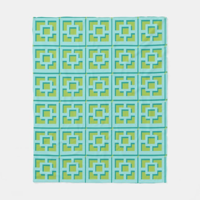 Retro Turquoise and Green Trellis Fleece Blanket (Front)