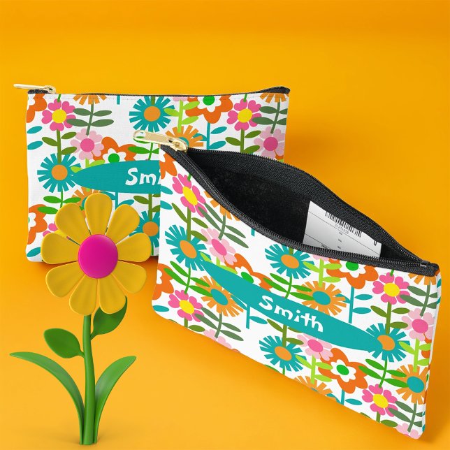 Retro Turquoise And Orange Flowers Accessory Pouch (Creator Uploaded)