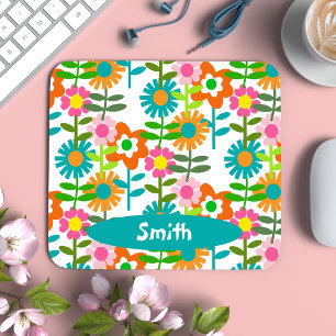 Retro Turquoise And Orange Flowers Mouse Pad