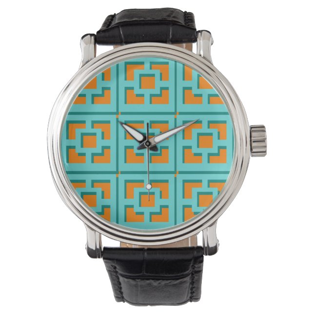 Retro Turquoise and Orange Trellis eWatch Watch (Front)