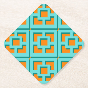 Retro Turquoise and Orange Trellis Paper Coaster