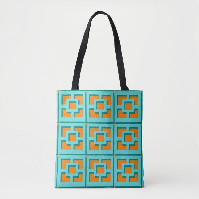 Retro Turquoise and Orange Trellis Tote Bag (Front)