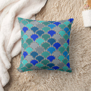 Retro Turquoise Blue Teal Grey Scales Pattern Cushion