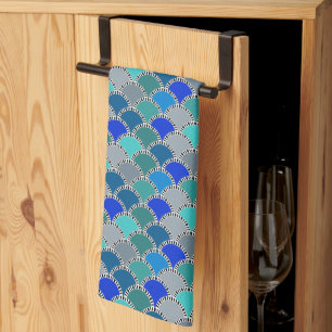 Retro Turquoise Blue Teal Grey Scales Pattern Tea Towel